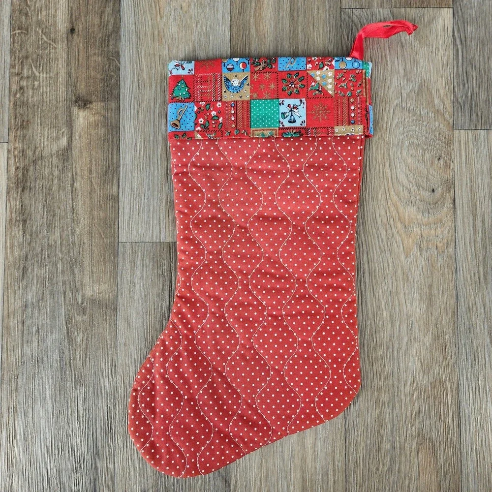 Vintage Quilted Christmas Stocking Red Polka Dot Denim Teddy Bear Patchwork Cuff